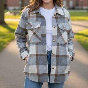 Blank NYC Plaid Utility Jacket in Gray and Tan